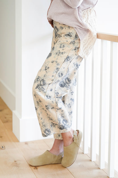 Floral Print Barrel Jeans with Back Buckle Detail