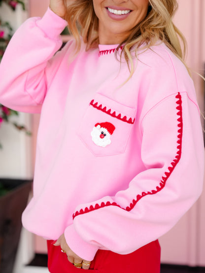 Blanket Stitch Trim Long Sleeve Sweatshirt with Santa Pocket