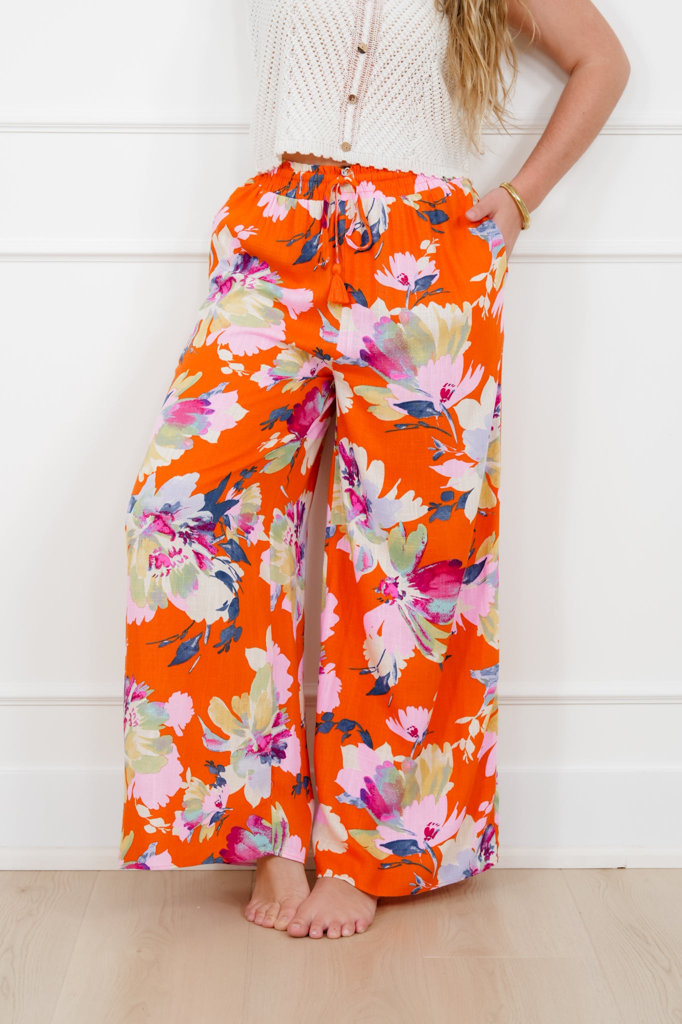 Linen Blend Floral Elastic Waist Wide Leg Pants