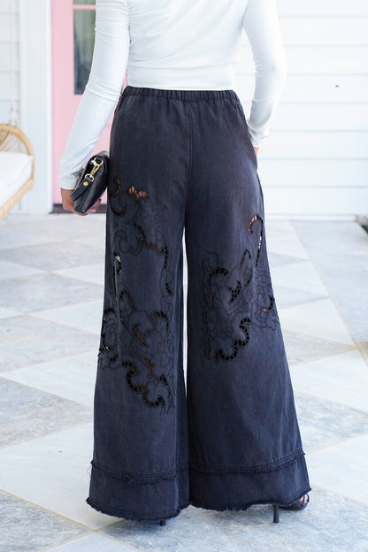 POL Elastic Waist Wide Leg Pants with Laser Cut Detail