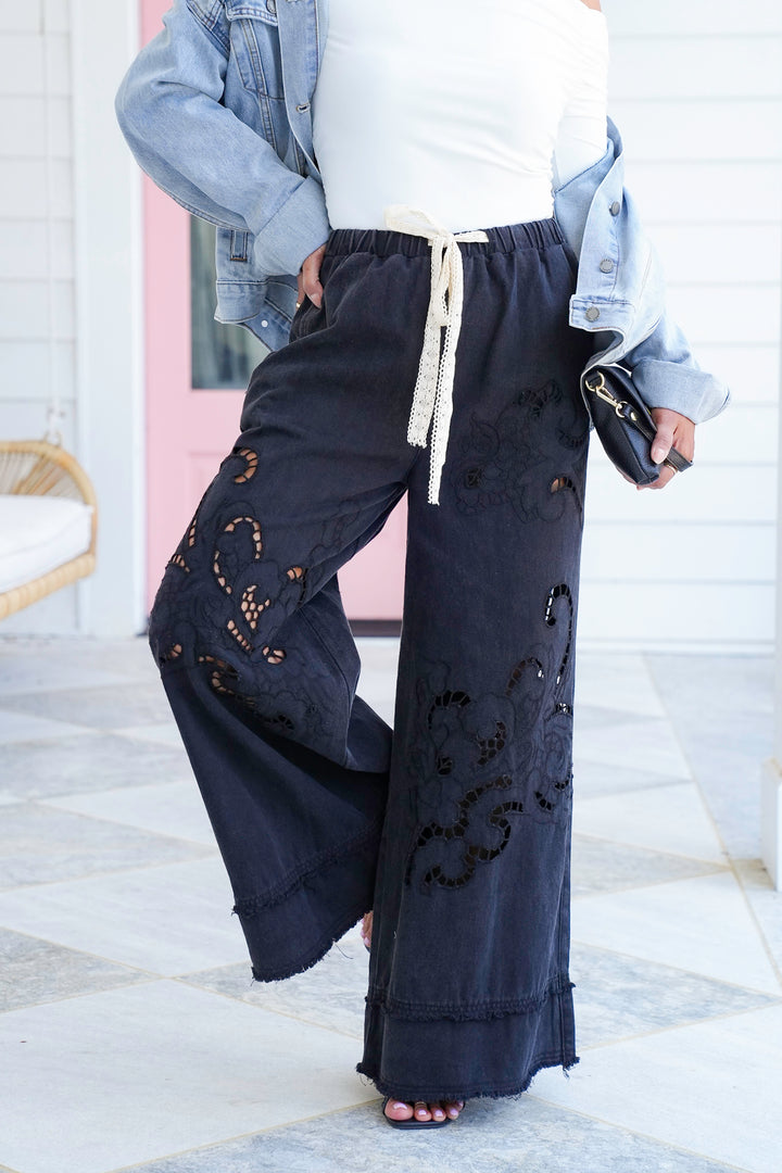 POL Elastic Waist Wide Leg Pants with Laser Cut Detail