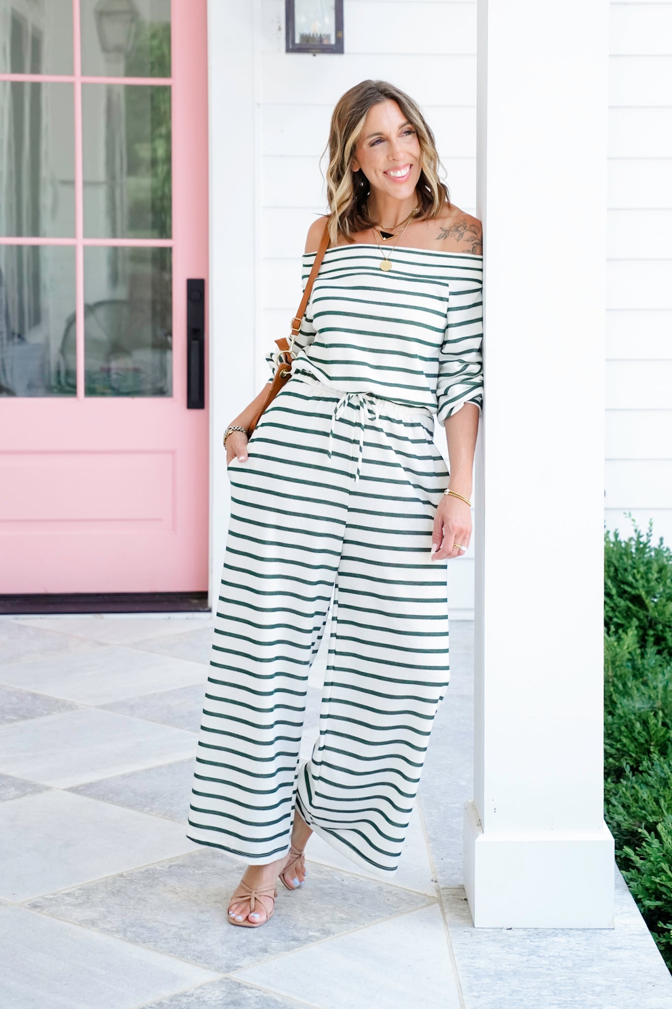 Plus/Reg Stripe Terry Long Sleeve Off Shoulder Jumpsuit