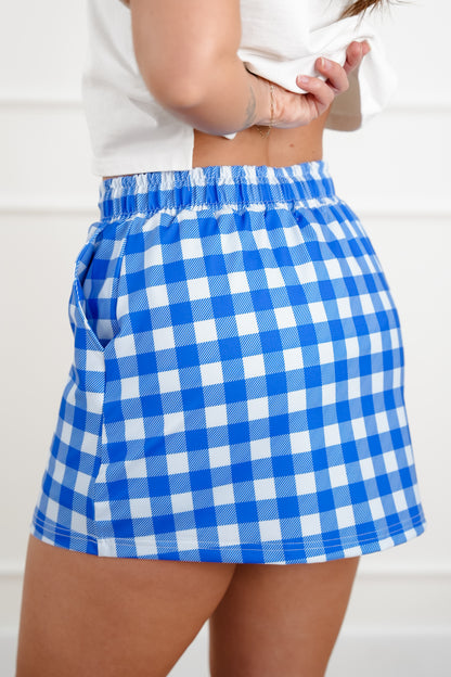 Plus/Reg Blue Gingham Elastic Waist Skort