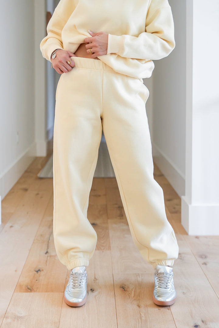 Cream Elastic Waist Sweatpants with Side Pockets