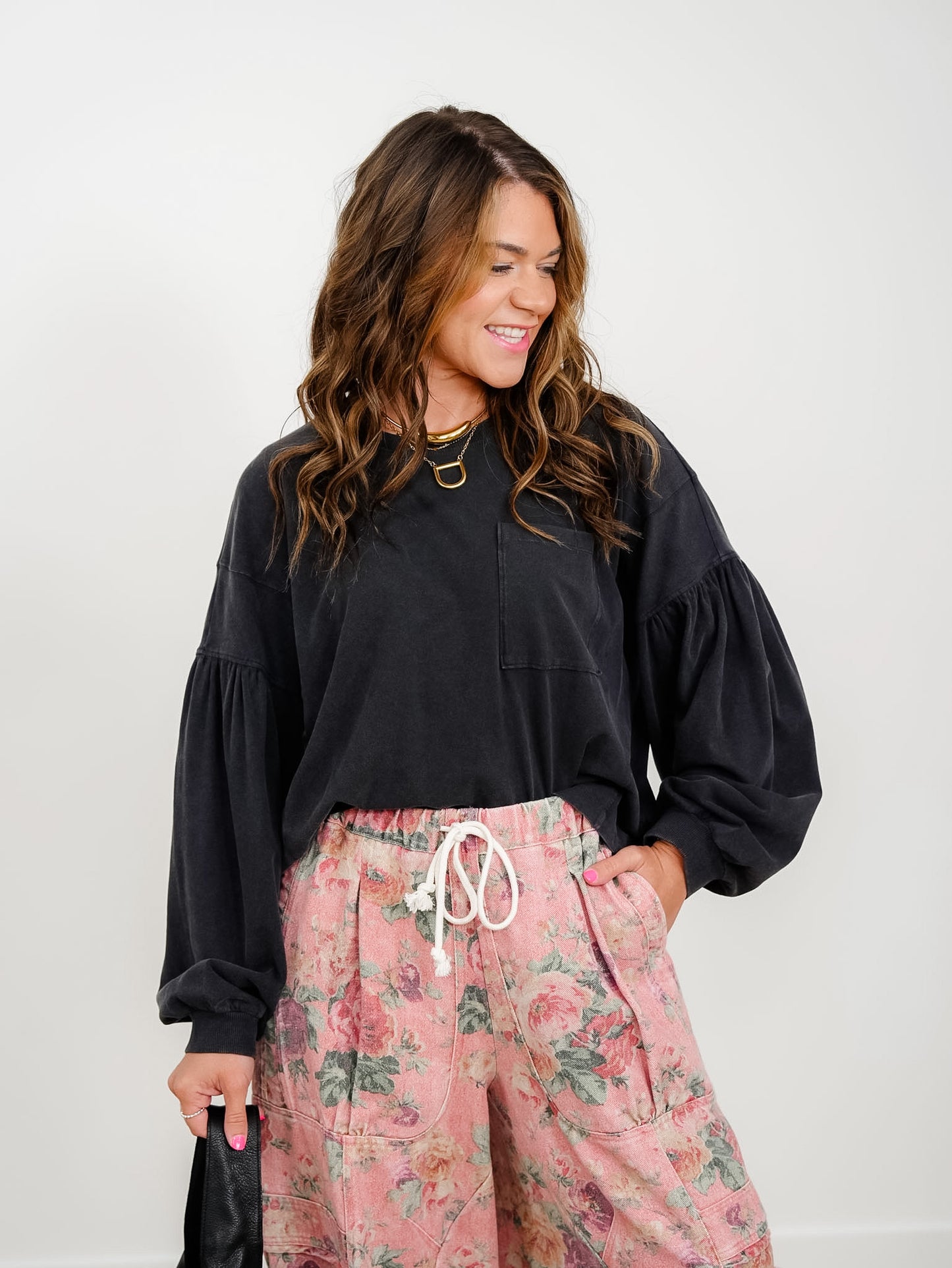 Mineral Washed Puff Sleeve Boxy Top