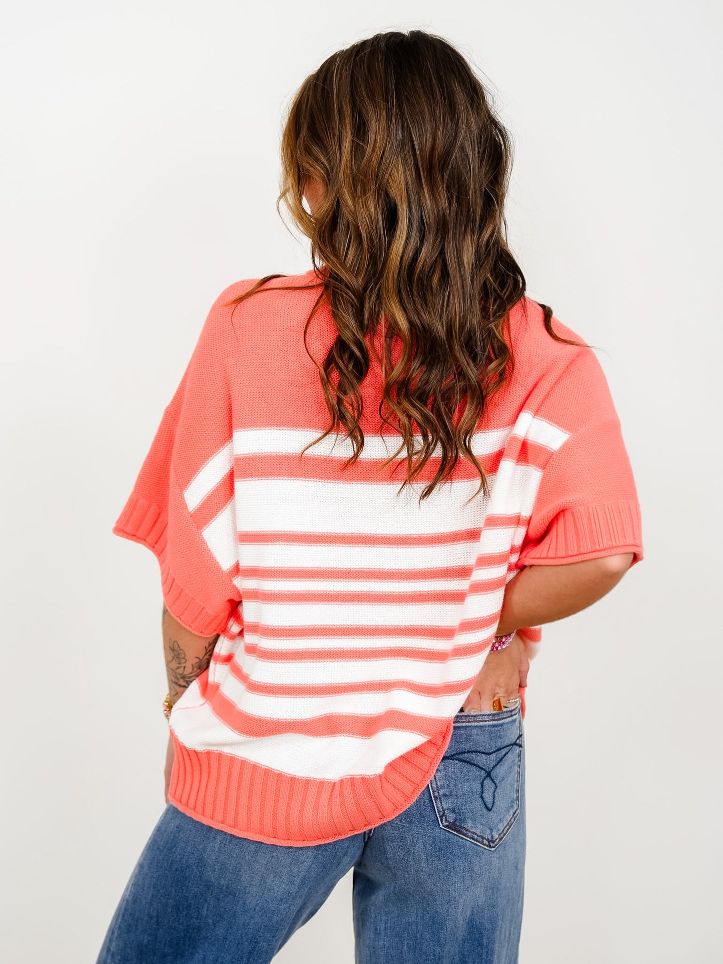 Stripe Short Sleeve Crew Neck Sweater