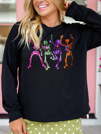 Sequin Dancing Skeletons Crew Neck Long Sleeve Top