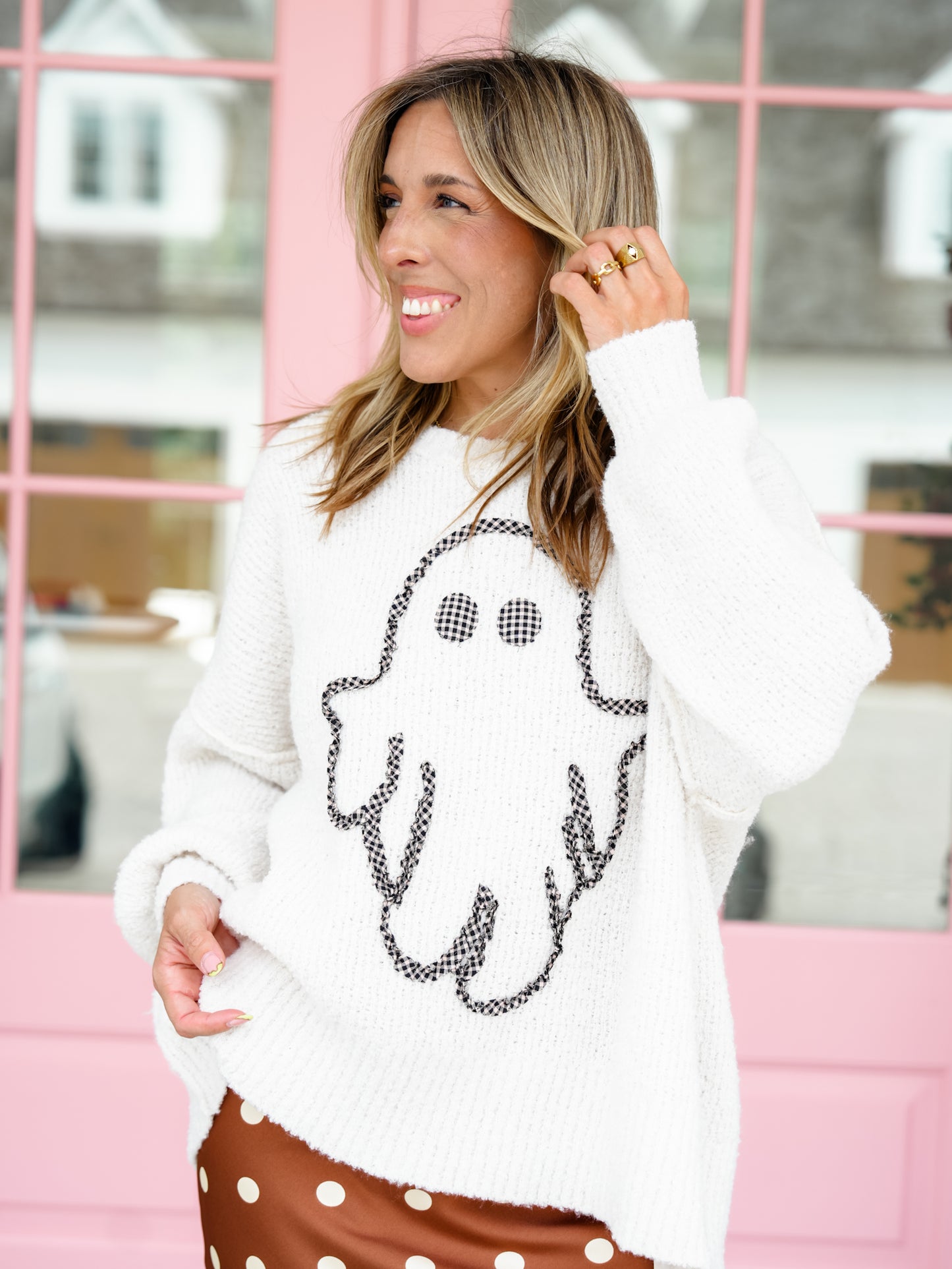 Gingham Embroidered Ghost Soft Sweater