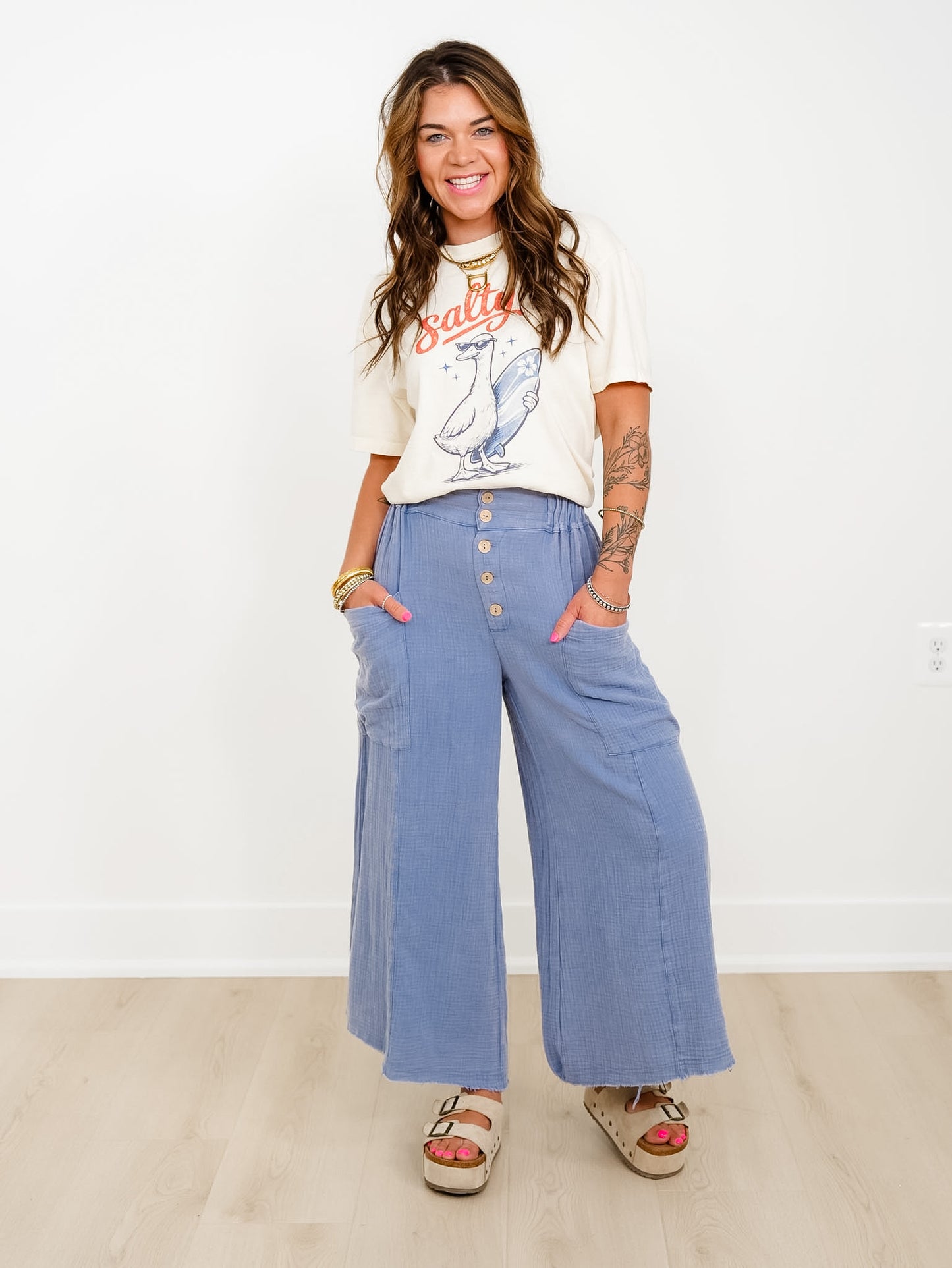 Plus/Reg Blue Gauze Elastic Waist Button Fly Wide Leg Pants