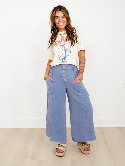 Plus/Reg Blue Gauze Elastic Waist Button Fly Wide Leg Pants