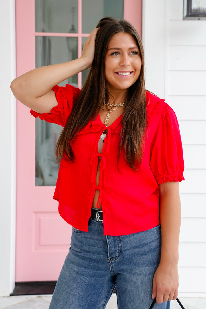 Red Linen Blend Short Puff Sleeve Top with Front Tie Detail