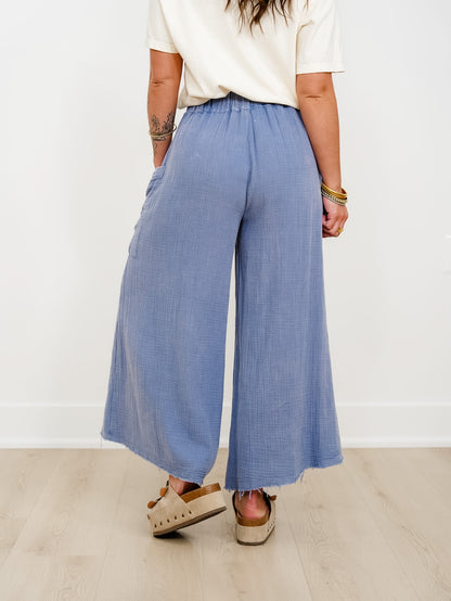 Plus/Reg Blue Gauze Elastic Waist Button Fly Wide Leg Pants