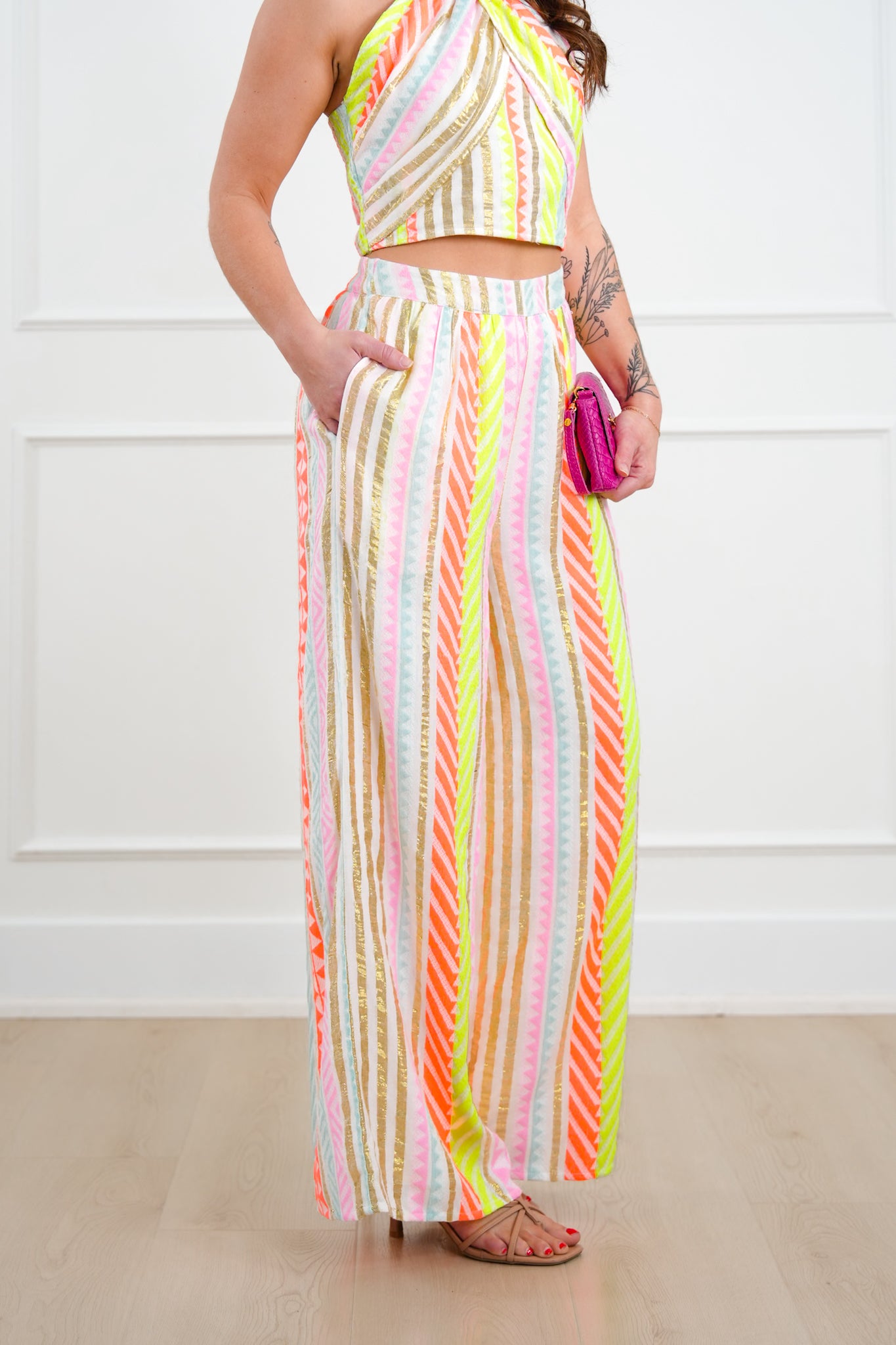 Geometric Stripe Elastic Waist Wide Leg Pants