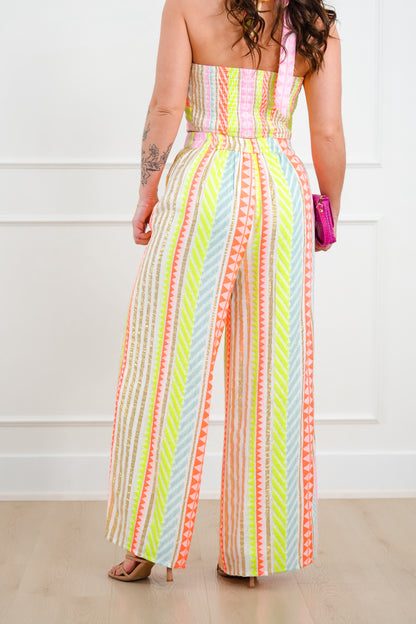 Geometric Stripe Elastic Waist Wide Leg Pants