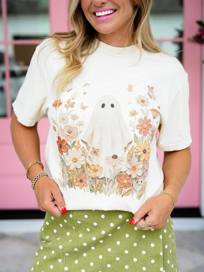 Plus/Reg Short Sleeve Spooky Ghost Floral Graphic Tee