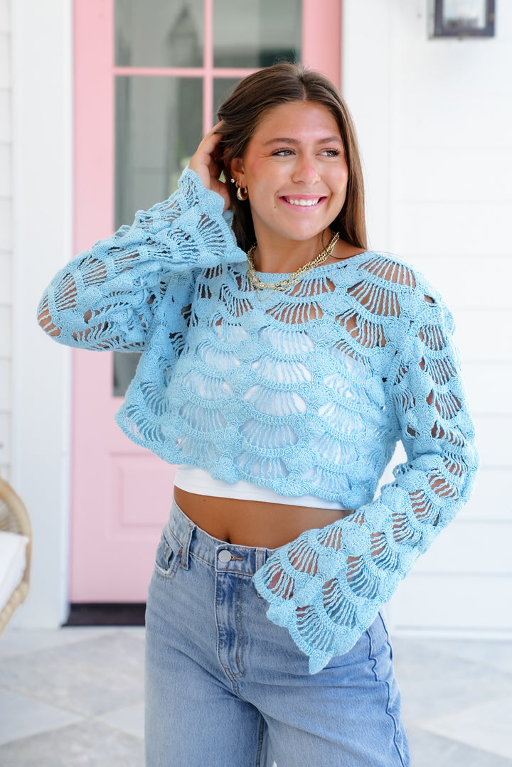 POL Crochet Long Sleeve Crop Top