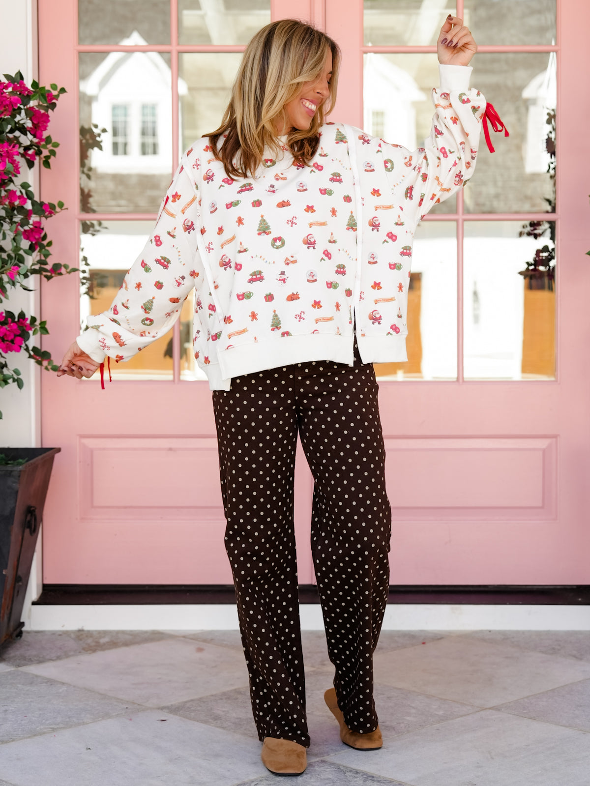 Christmas Icons Print Sweatshirt With Ribbon Sleeves