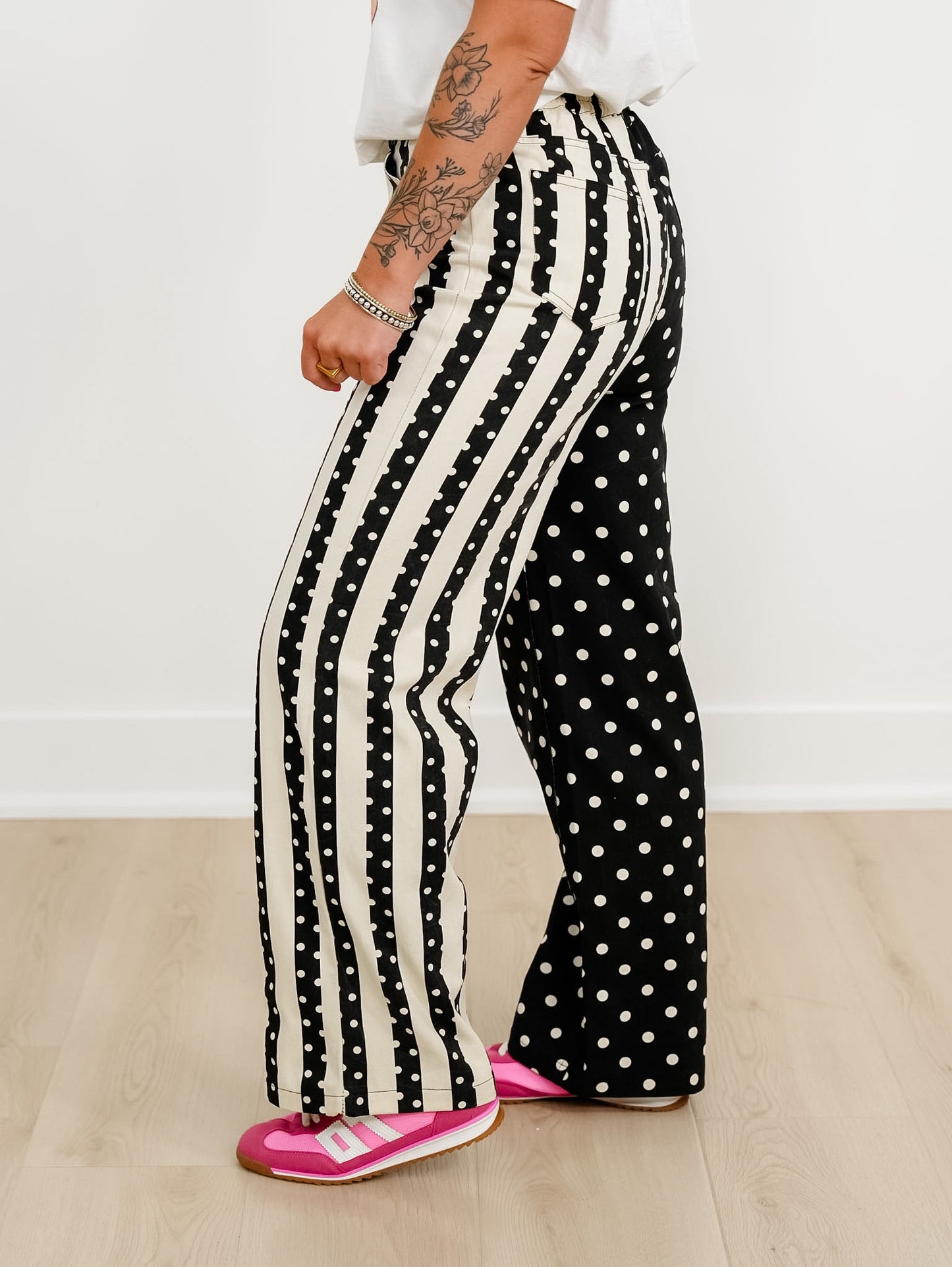 Plus/Reg Polka Dot and Stripe Wide Leg Elastic Waist Pants