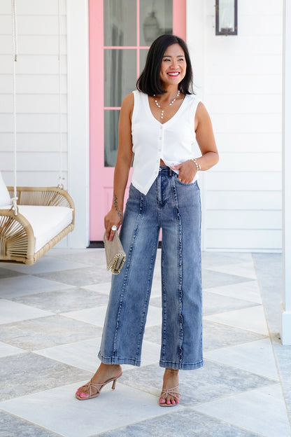 Plus/Reg Denim High Waist Wide Leg Jeans with Ruffle Detail
