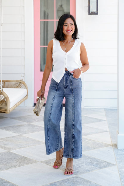 Plus/Reg Denim High Waist Wide Leg Jeans with Ruffle Detail