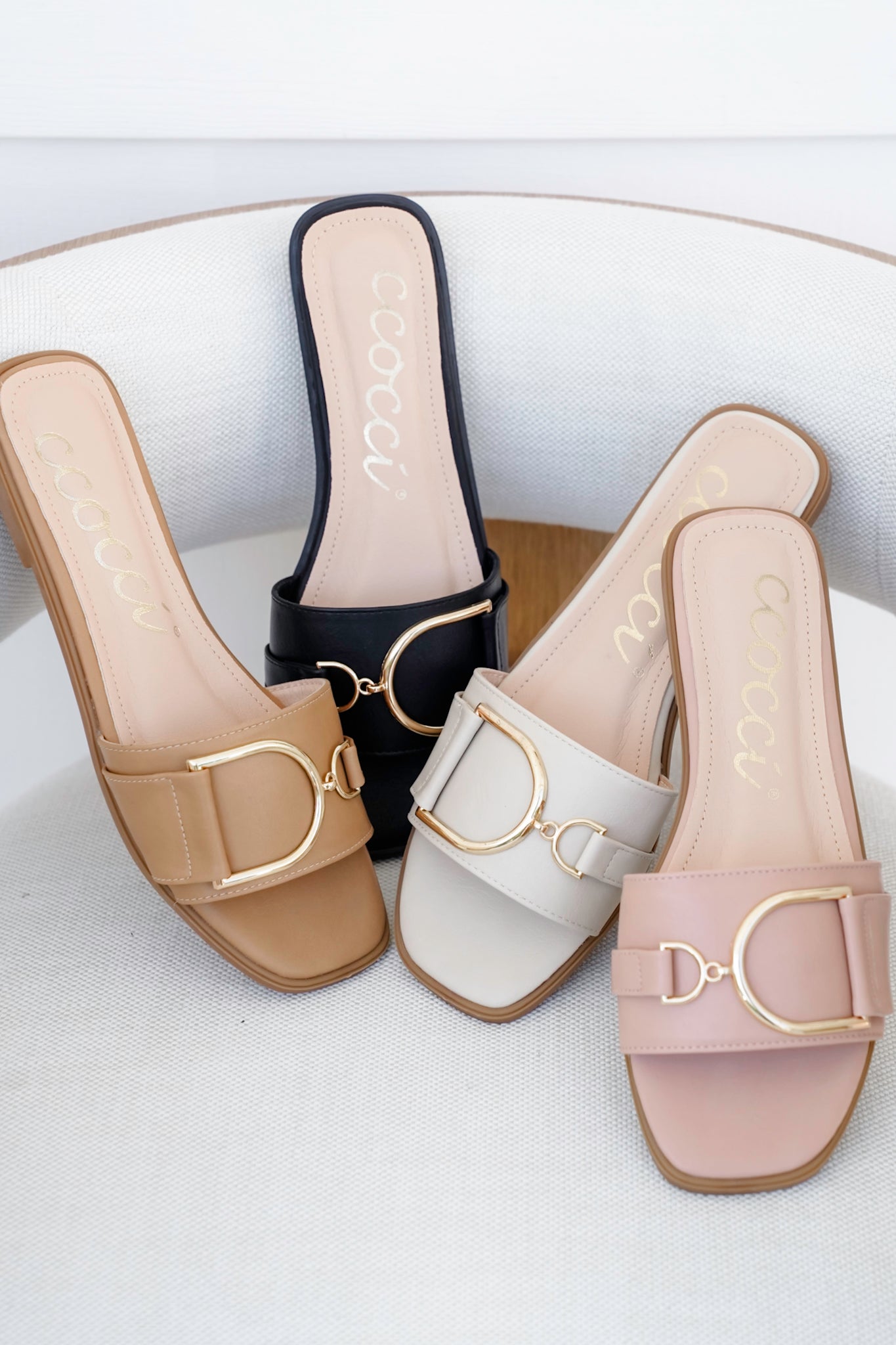 Vegan Slide Sandal with Gold Buckle Accent