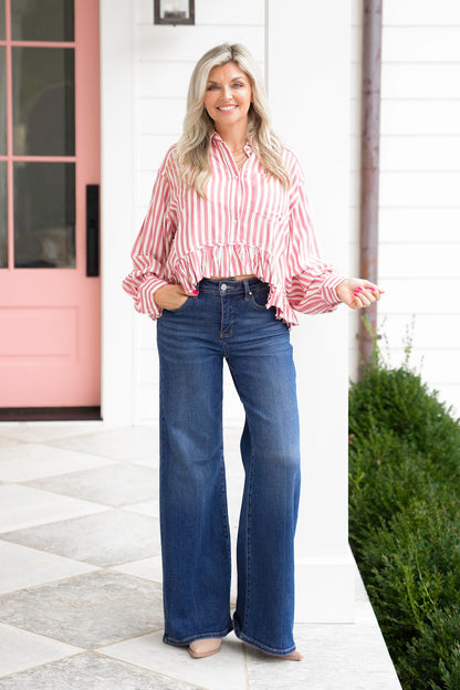 Stripe Long Sleeve Button Down Top with Ruffle Detail