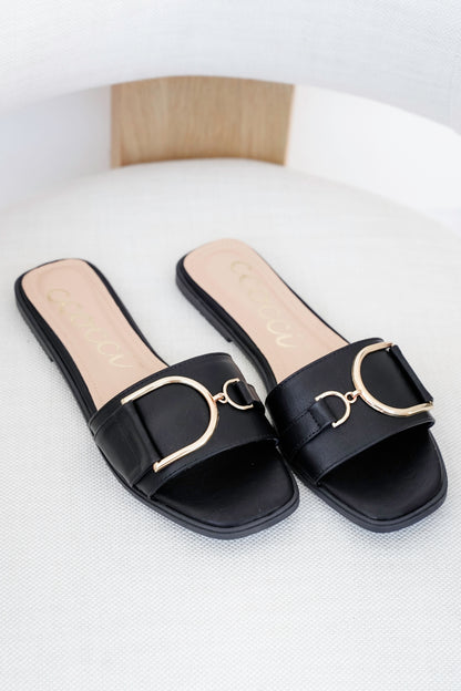 Vegan Slide Sandal with Gold Buckle Accent