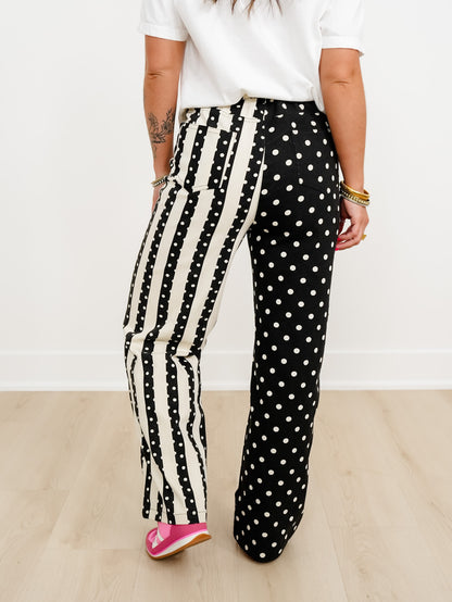 Plus/Reg Polka Dot and Stripe Wide Leg Elastic Waist Pants