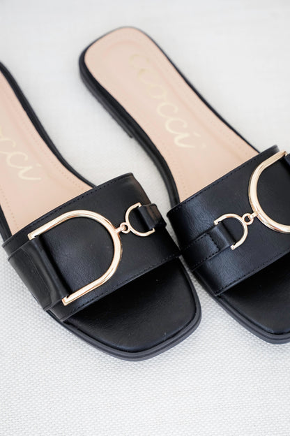 Vegan Slide Sandal with Gold Buckle Accent
