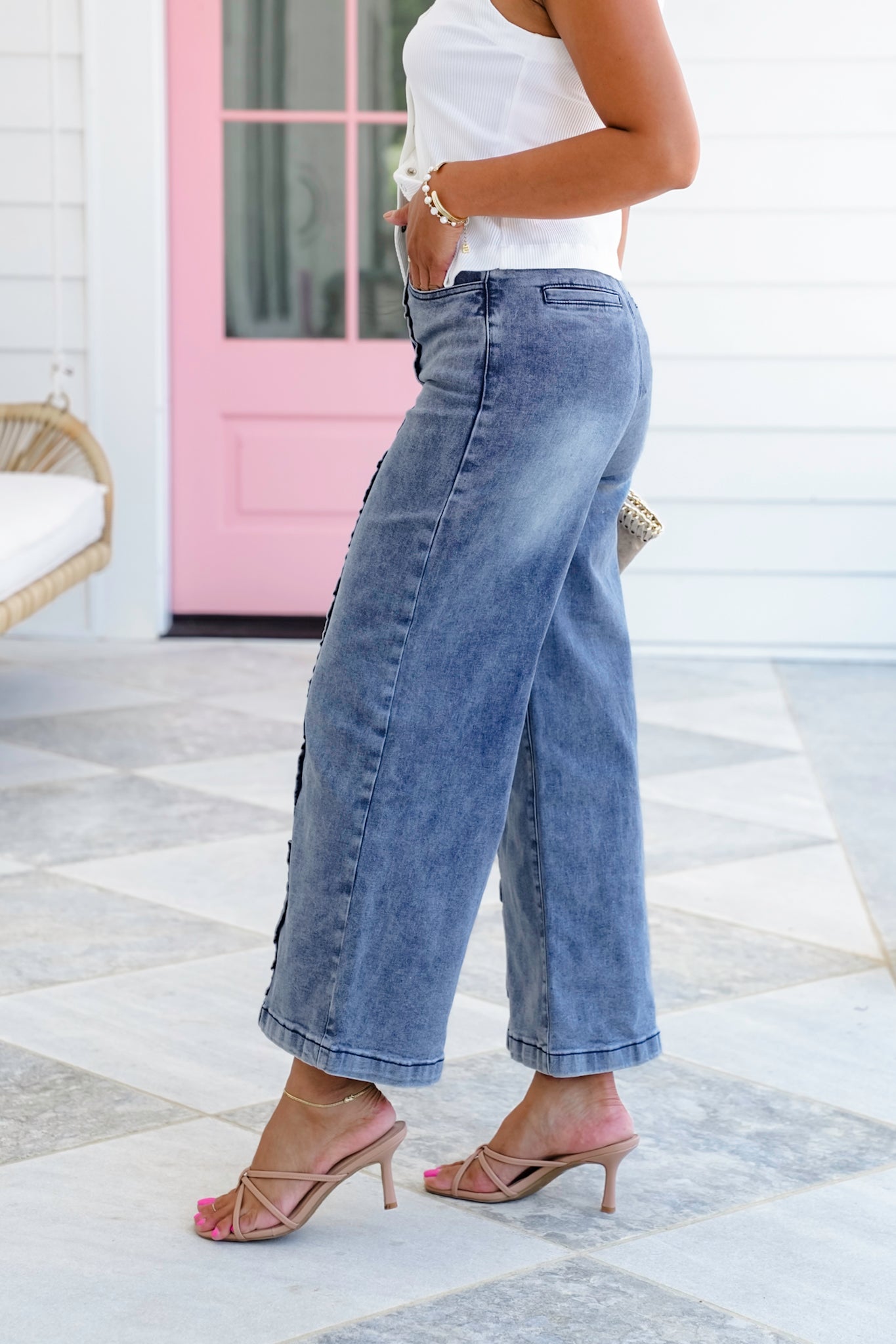 Plus/Reg Denim High Waist Wide Leg Jeans with Ruffle Detail