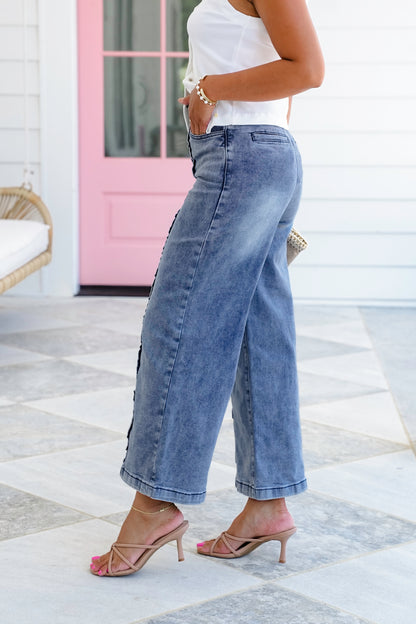 Plus/Reg Denim High Waist Wide Leg Jeans with Ruffle Detail