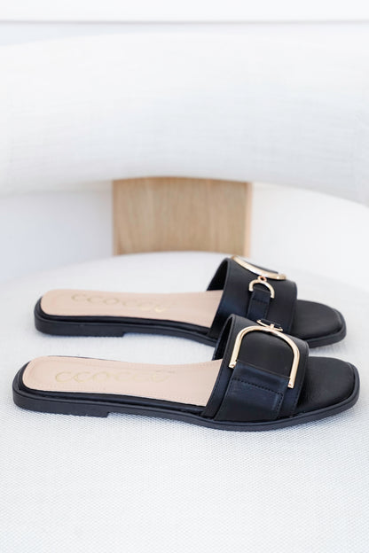 Vegan Slide Sandal with Gold Buckle Accent