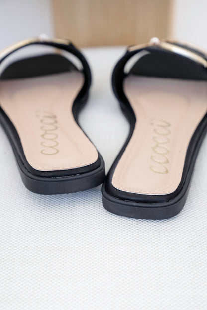 Vegan Slide Sandal with Gold Buckle Accent