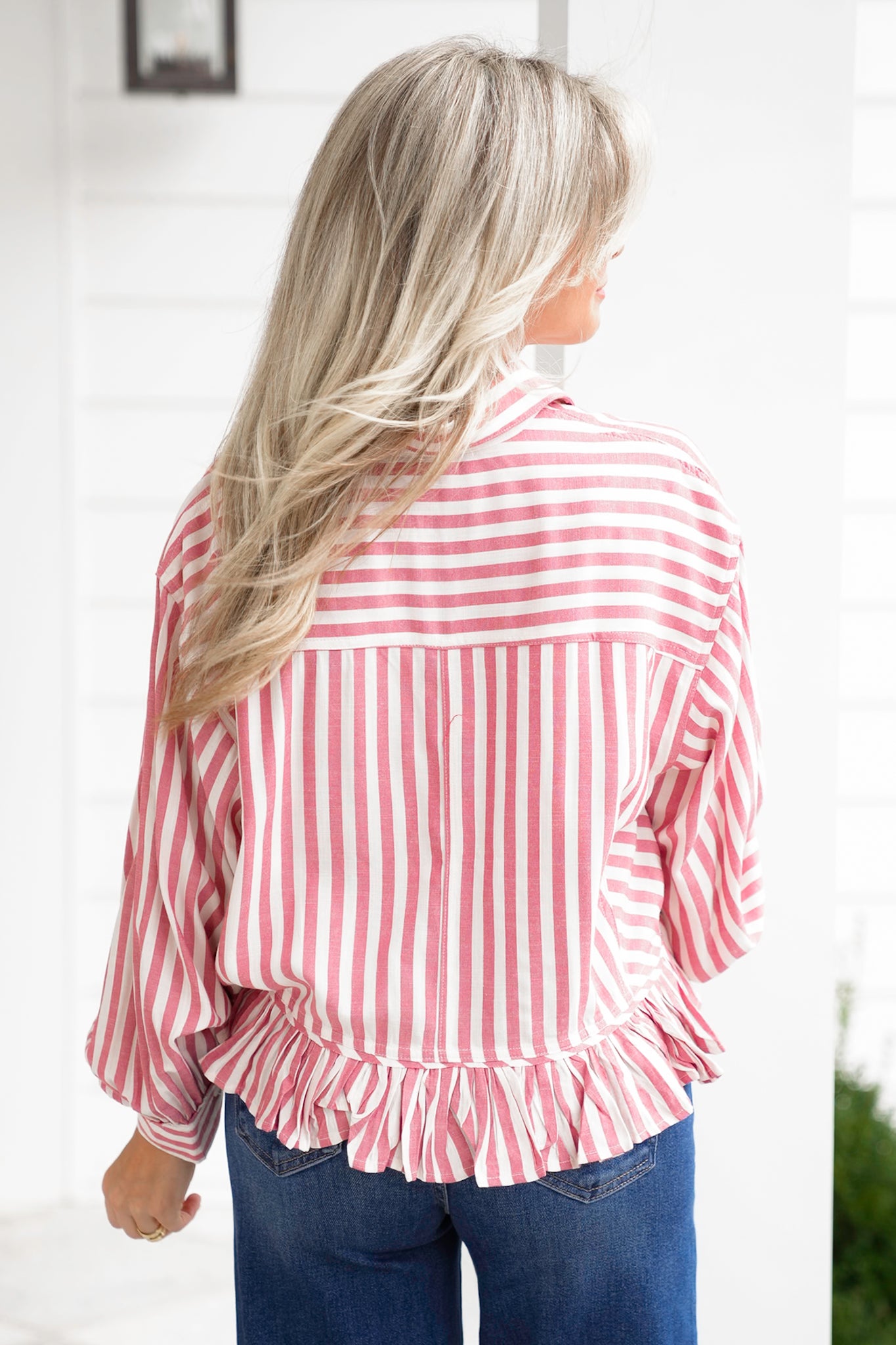 Stripe Long Sleeve Button Down Top with Ruffle Detail