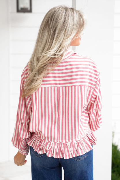 Stripe Long Sleeve Button Down Top with Ruffle Detail