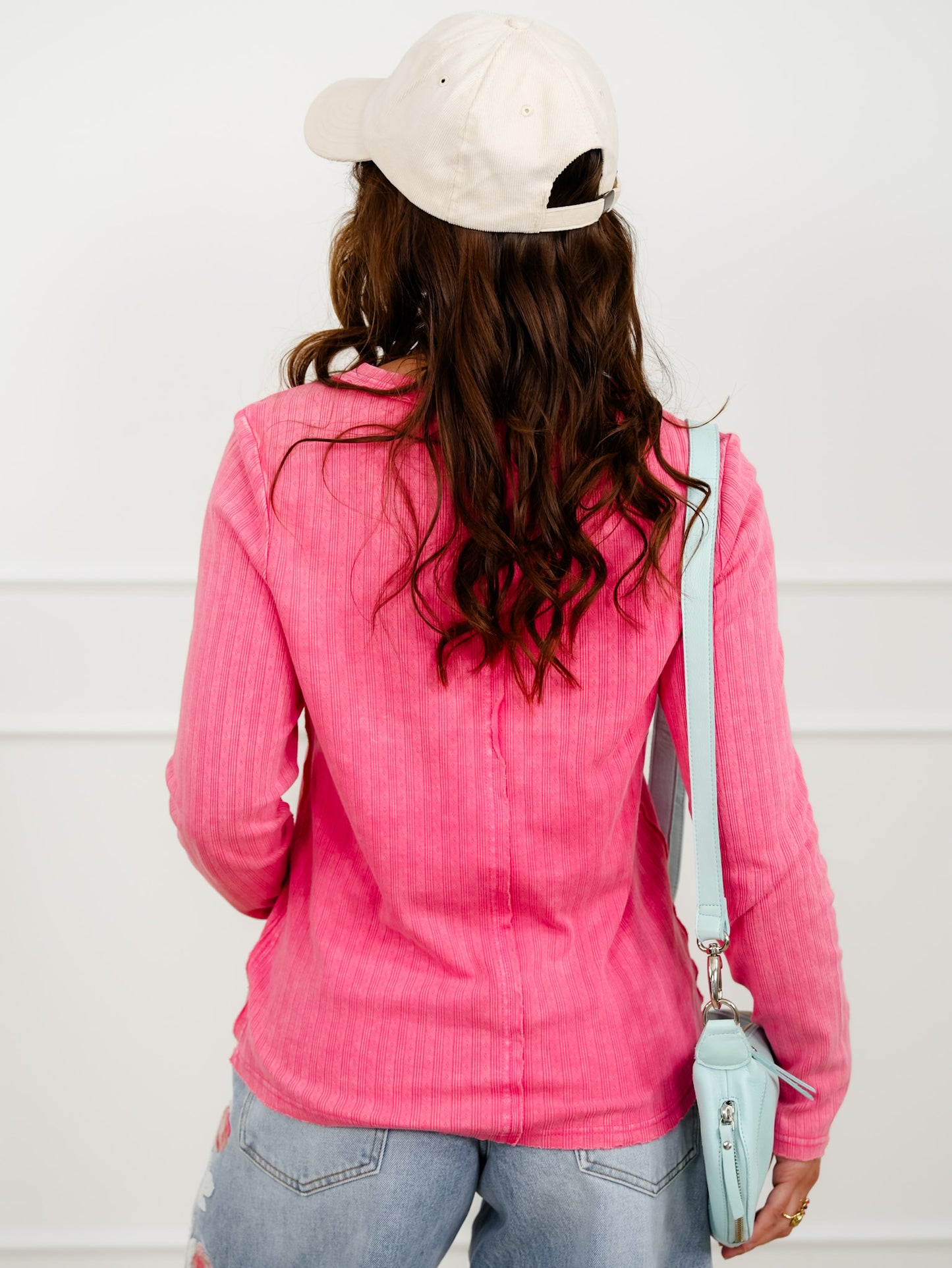 Mineral Wash Textured Knit Long Sleeve Henley Top