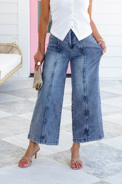 Plus/Reg Denim High Waist Wide Leg Jeans with Ruffle Detail