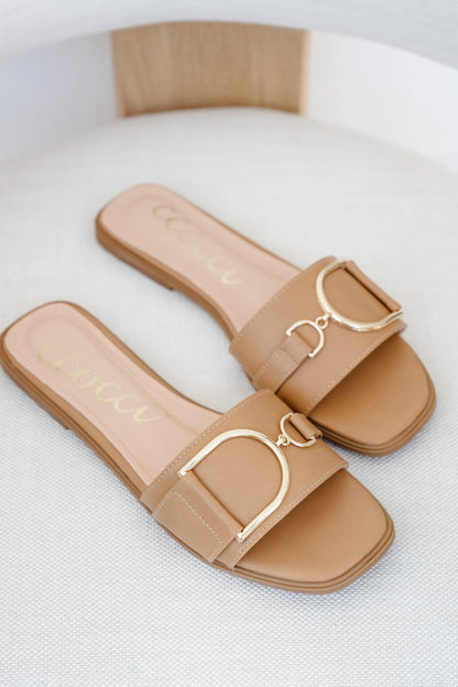 Vegan Slide Sandal with Gold Buckle Accent