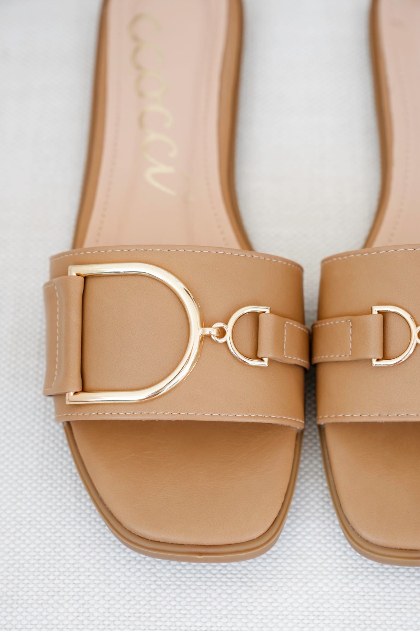 Vegan Slide Sandal with Gold Buckle Accent