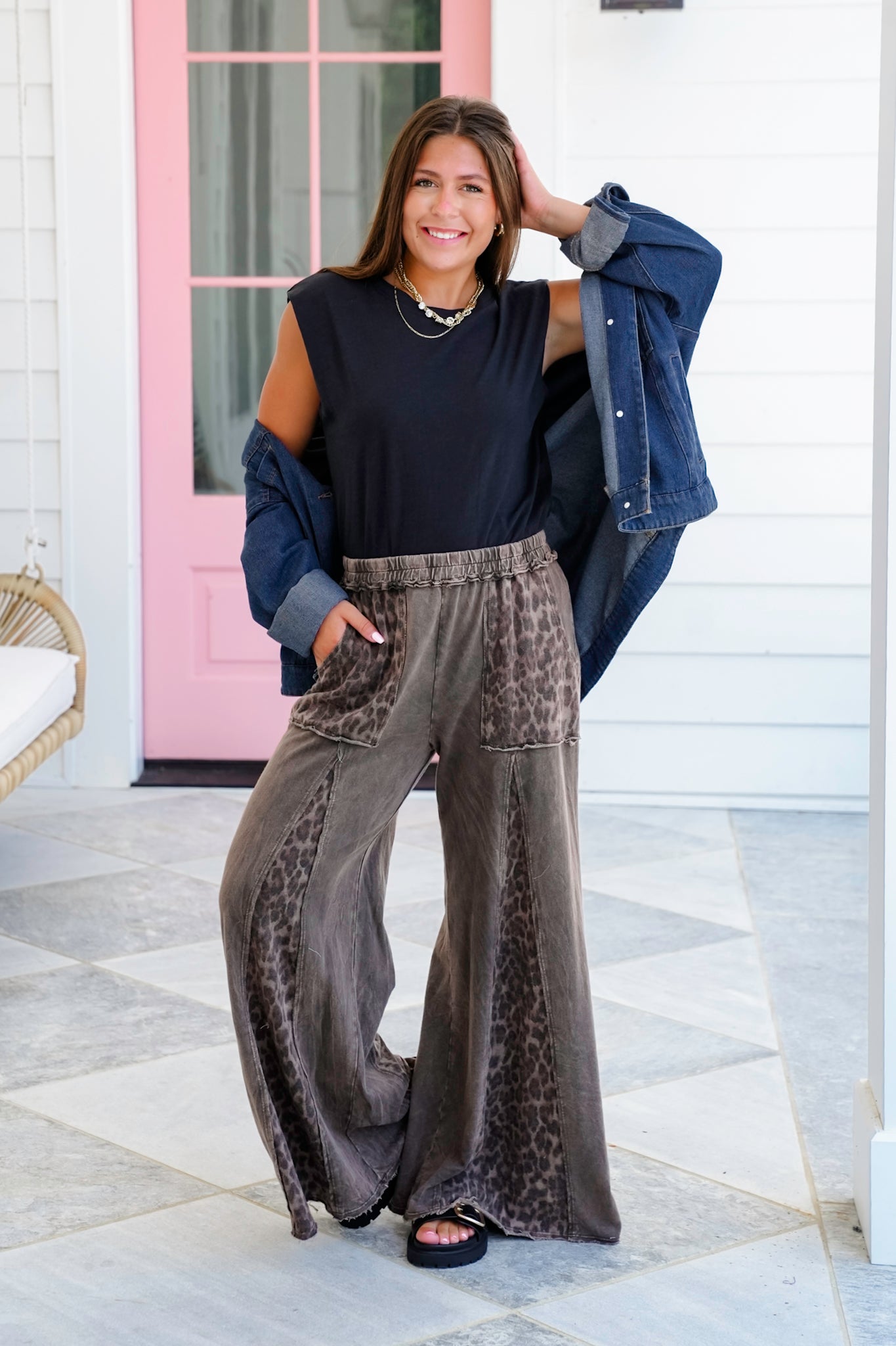 Mineral Wash Elastic Waist Wide Leg Pants with Leopard Detail