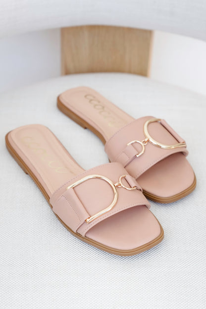 Vegan Slide Sandal with Gold Buckle Accent