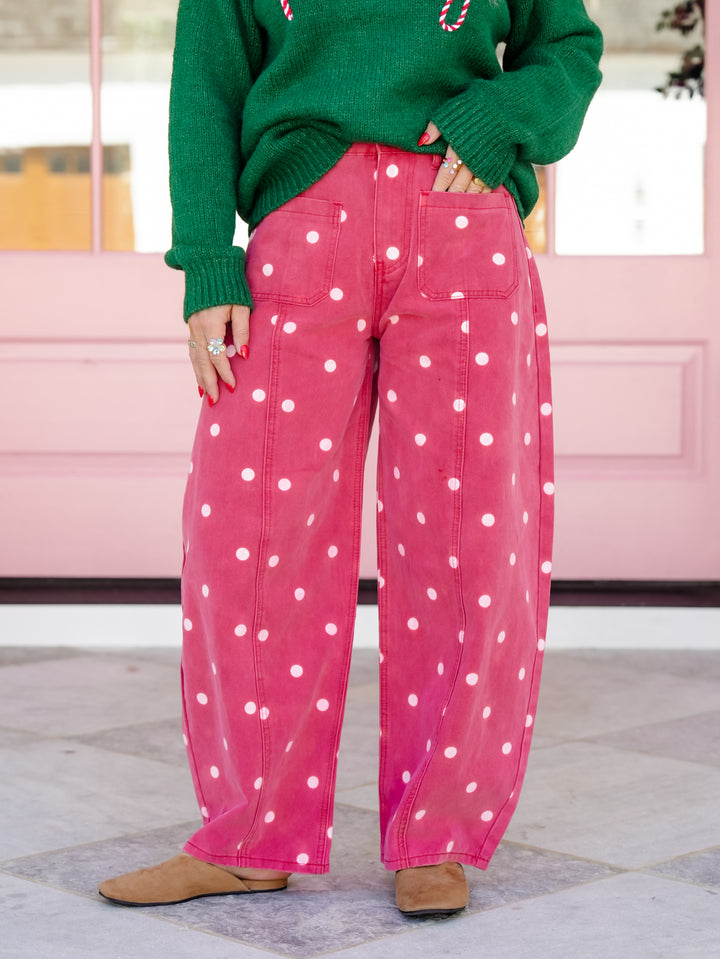 Polka Dot Twill Barrel Leg Pants With Pockets - Freckled Poppy