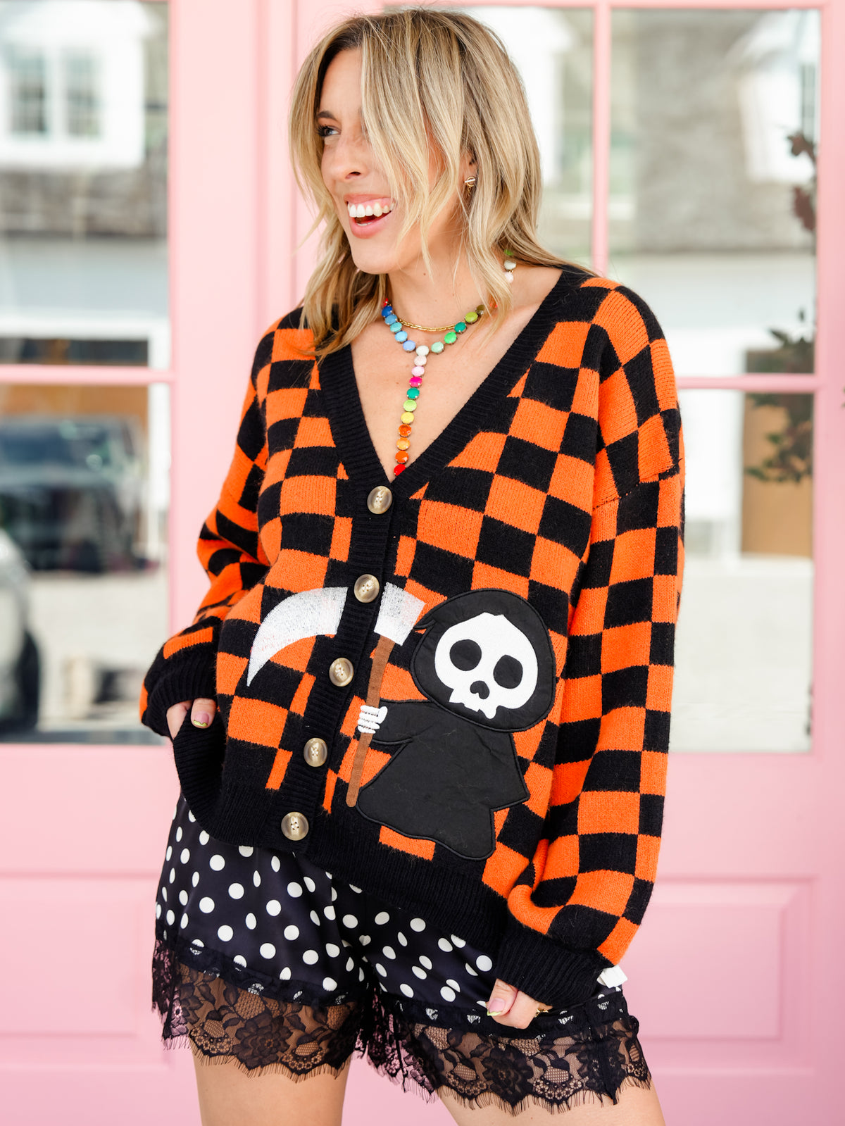 Checkered Long Sleeve Button Down Cardigan with Grim Reaper Patch - Freckled Poppy
