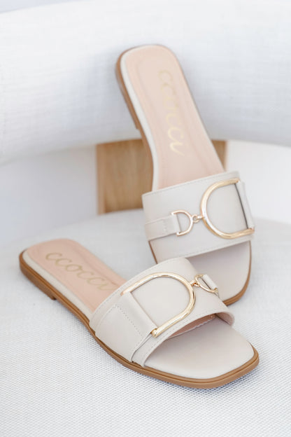 Vegan Slide Sandal with Gold Buckle Accent