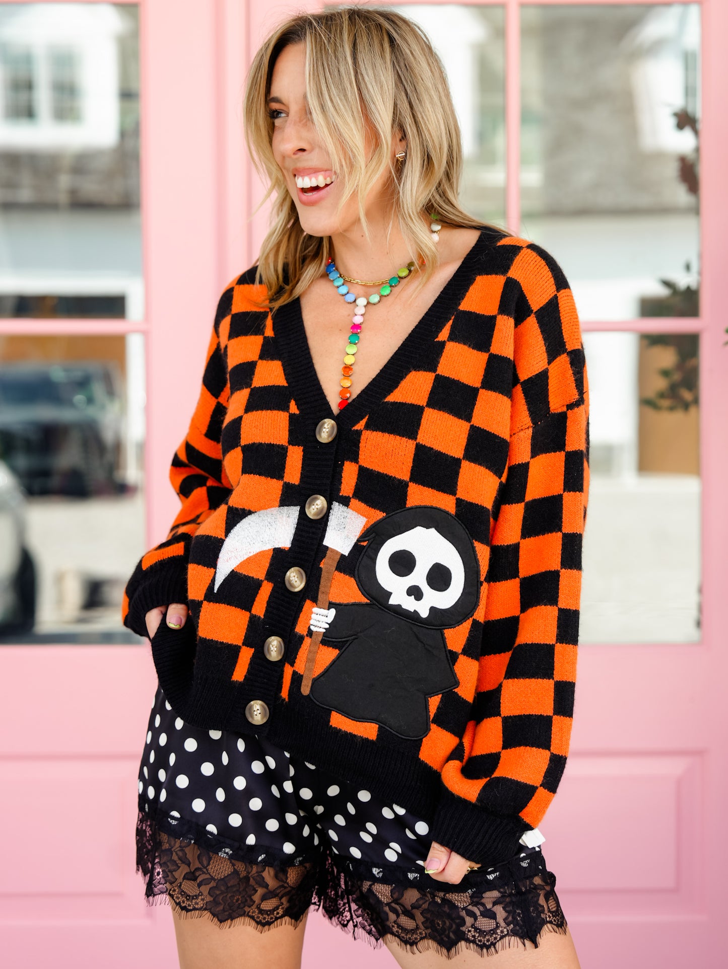 Checkered Long Sleeve Button Down Cardigan with Grim Reaper Patch