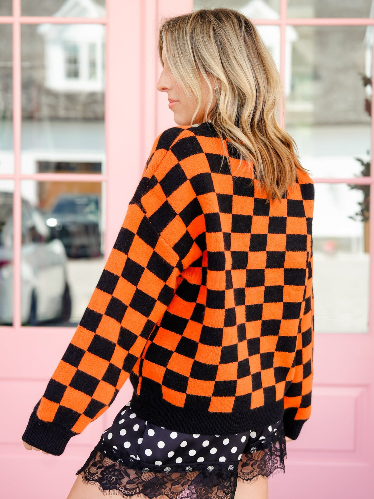 Checkered Long Sleeve Button Down Cardigan with Grim Reaper Patch - Freckled Poppy
