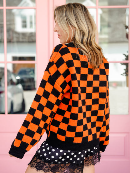 Checkered Long Sleeve Button Down Cardigan with Grim Reaper Patch
