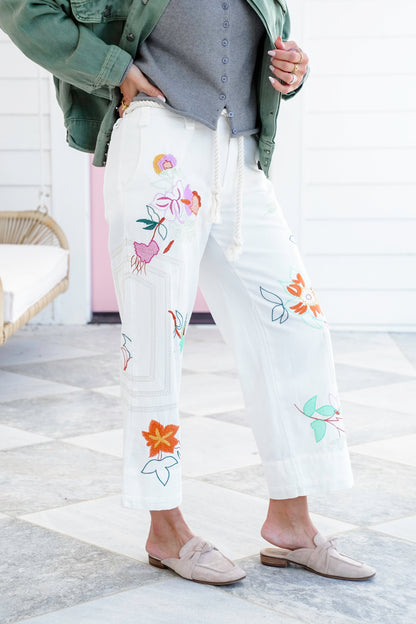 Floral Embroidered Elastic Back Pants with Rope Belt