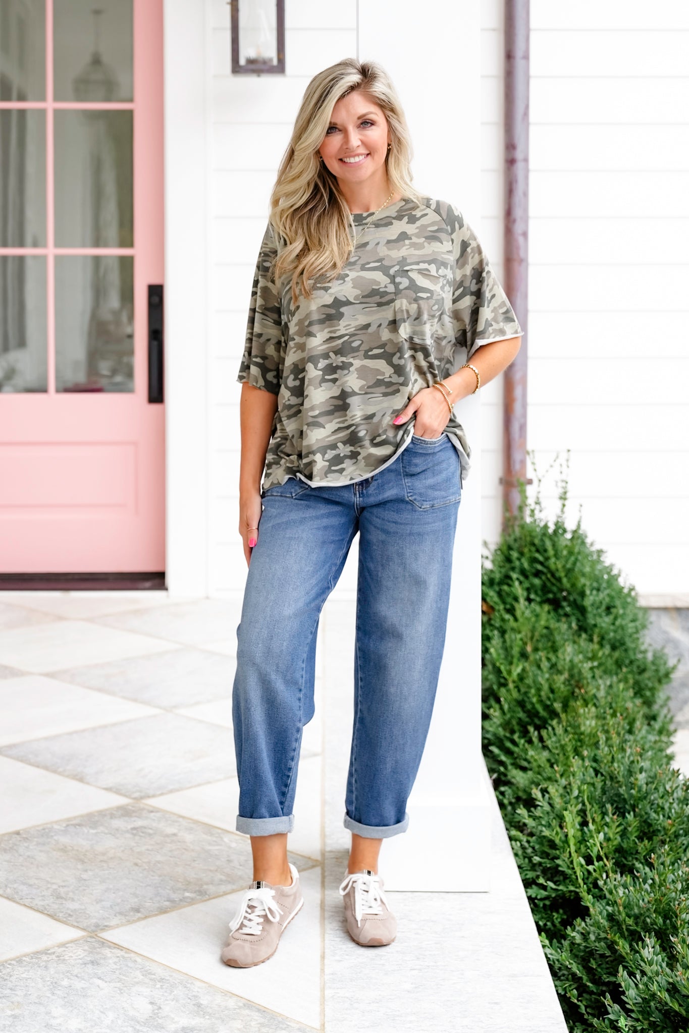 POL Camo Short Sleeve Round Neck Top