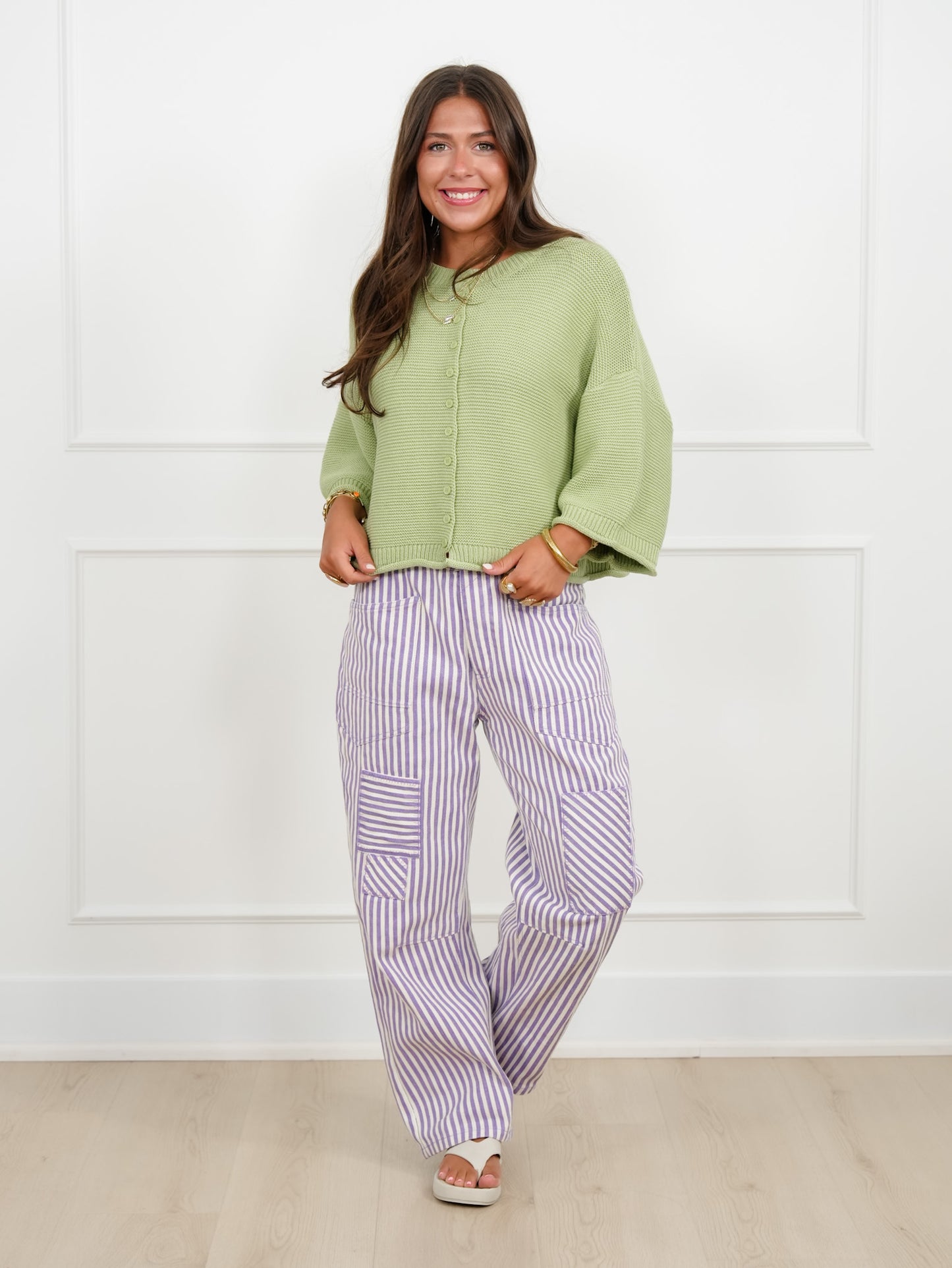 Textured 3/4 Sleeve Button Up Cardigan Sweater